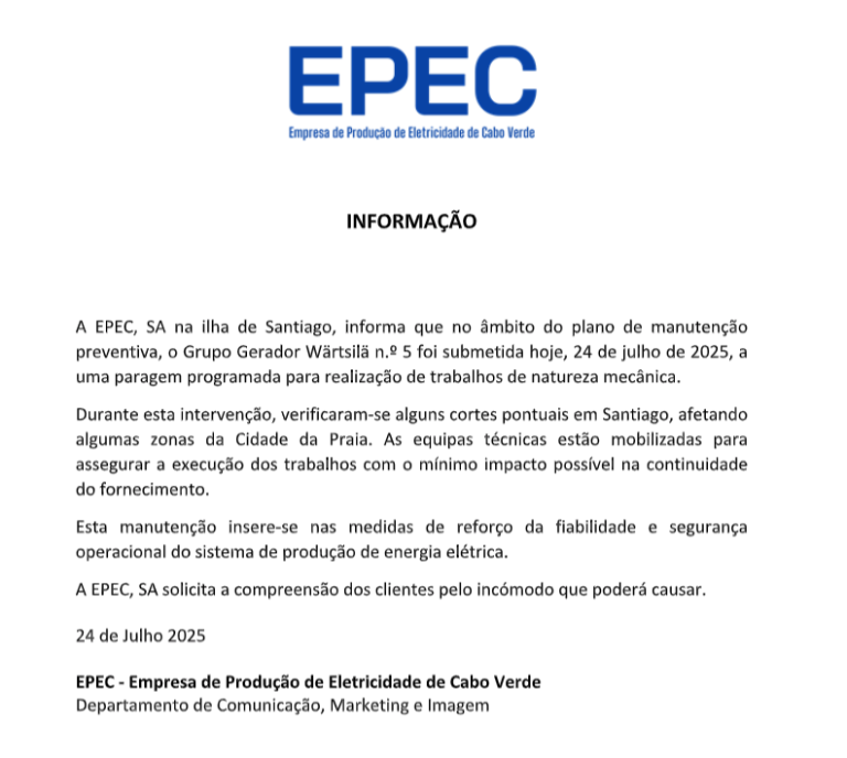 AVISO EPEC| Corte energia cidade da Praia – Ilha de Santiago