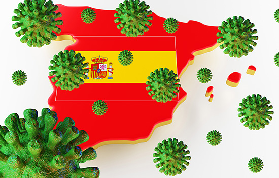 Contagious HIV AIDS, Flur or Coronavirus with Spain map. 3D rendering