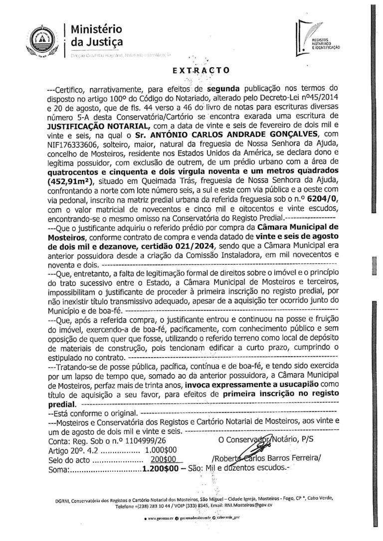 Extrato de justificação notarial de António Carlos Andrade Gonçalves (2.° publicação)